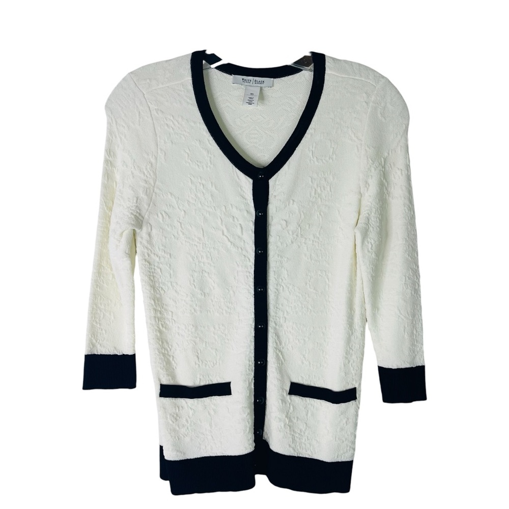 WHBM white black knit button preppy stretch cardigan XS